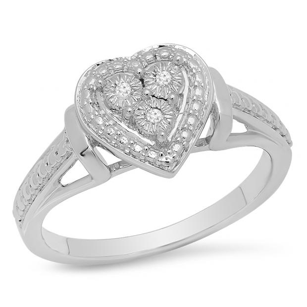 0.03 Carat (ctw) Sterling Silver Round Cut Diamond Ladies 3 Stone Bridal Heart Shape Engagement Ring