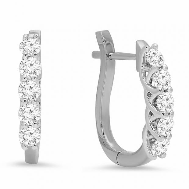 0.55 Carat (ctw) 10K White Gold Round Cut White Diamond Ladies Huggies Hoop Earrings 1/2 CT