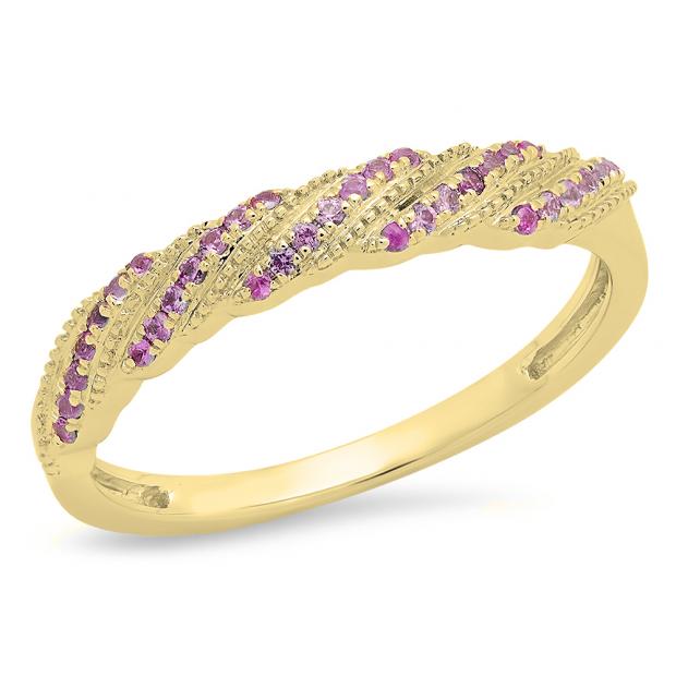 0.20 Carat (ctw) 10K Yellow Gold Round Cut Pink Sapphire Ladies Swirl Anniversary Wedding Stackable Band 1/5 CT
