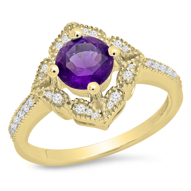 1.10 Carat (ctw) 18K Yellow Gold Round Amethyst And White Diamond Ladies Halo Style Vintage Bridal Engagement Ring 1 CT