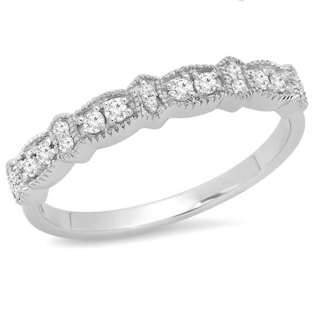 0.15 Carat (ctw) 10K White Gold Round White Diamond Ladies Vintage Style Anniversary Wedding Stackable Band