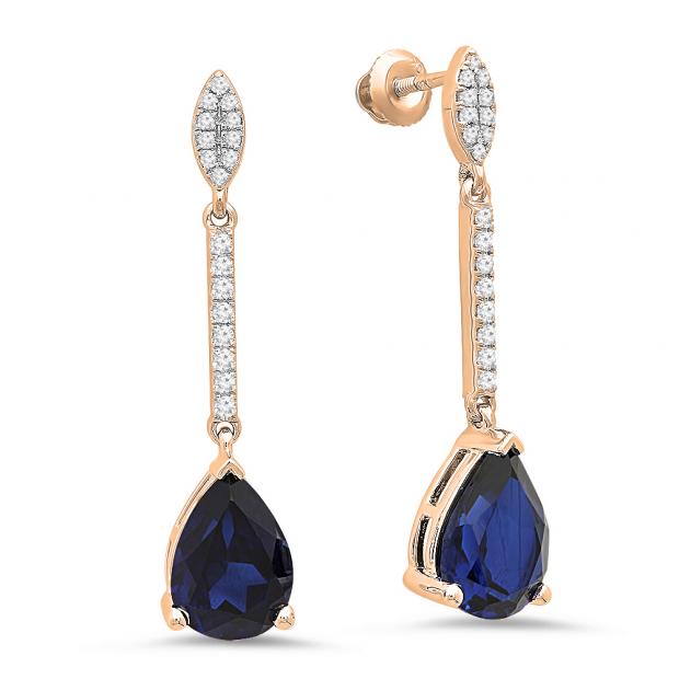 4.95 Carat (ctw) 10K Rose Gold Pear Lab Created Blue Sapphire & Round White Diamond Ladies Dangling Drop Earrings