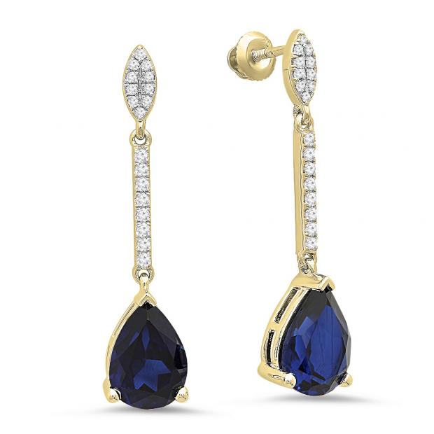 4.95 Carat (ctw) 10K Yellow Gold Pear Lab Created Blue Sapphire & Round White Diamond Ladies Dangling Drop Earrings