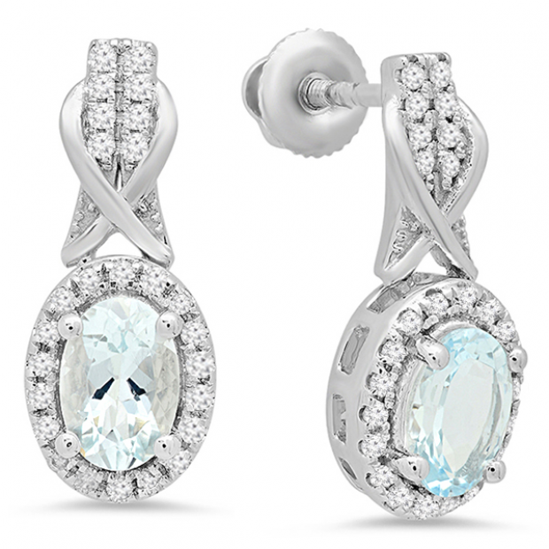 1.05 Carat (ctw) 14K White Gold Oval Cut Aquamarine & Round White Diamond Ladies Halo Style Dangling Drop Earrings 1 CT