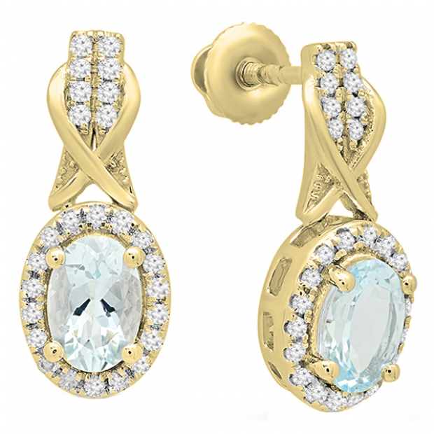 1.05 Carat (ctw) 14K Yellow Gold Oval Cut Aquamarine & Round White Diamond Ladies Halo Style Dangling Drop Earrings 1 CT