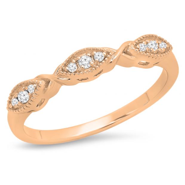 0.10 Carat (ctw) 14K Rose Gold Round White Diamond Ladies Vintage Style Milgrain Stackable Wedding Band 1/10 CT
