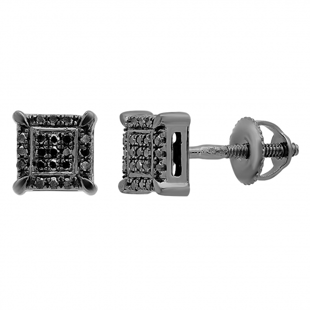 0.10 Carat (ctw) Black Rhodium Plated 18K White Gold Round Diamond Micro Pave Square Shape Hip Hop Iced Stud Earrings 1/10 CT