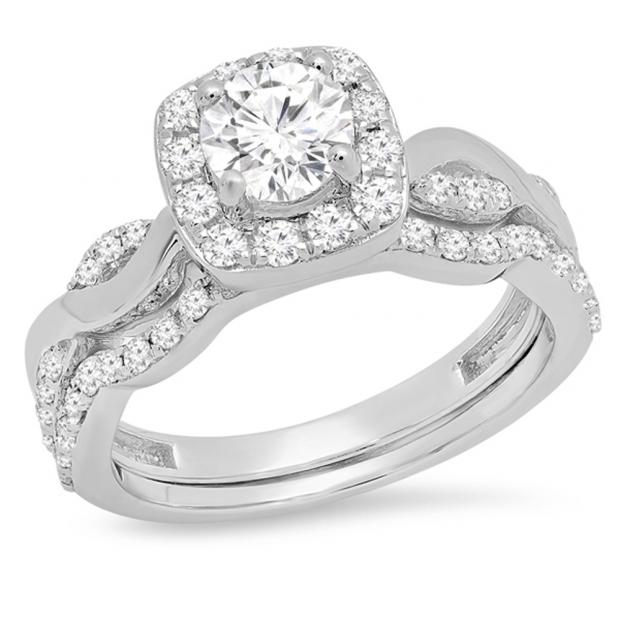 1.30 Carat (ctw) 14K White Gold Round Cut White Diamond Ladies Swirl Bridal Split Shank Halo Engagement Ring With Matching Band Set