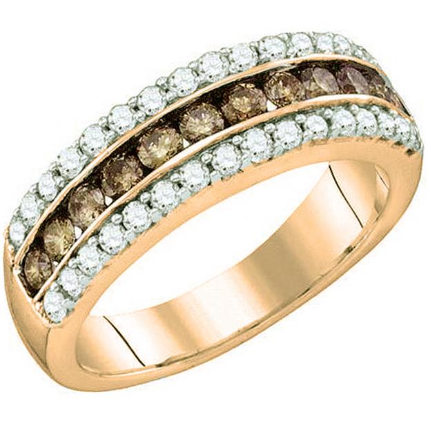 0.95 Carat (ctw) 10K Rose Gold Round Champagne & White Diamond Ladies Anniversary Wedding Band 1 CT