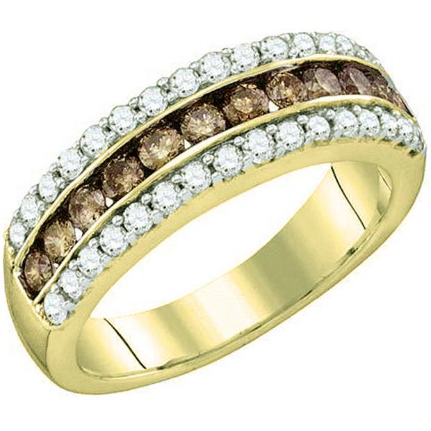 0.95 Carat (ctw) 10K Yellow Gold Round Champagne & White Diamond Ladies Anniversary Wedding Band 1 CT