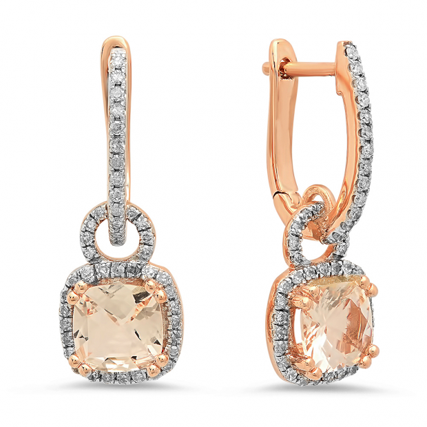 1.75 Carat (ctw) 14K Rose Gold Cushion Cut Morganite & Round Cut White Diamond Ladies Dangling Drop Earrings