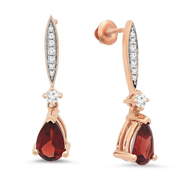 2.30 Carat (ctw) 10K Rose Gold Pear Cut Garnet & Round Cut White Diamond Ladies Dangling Drop Earrings