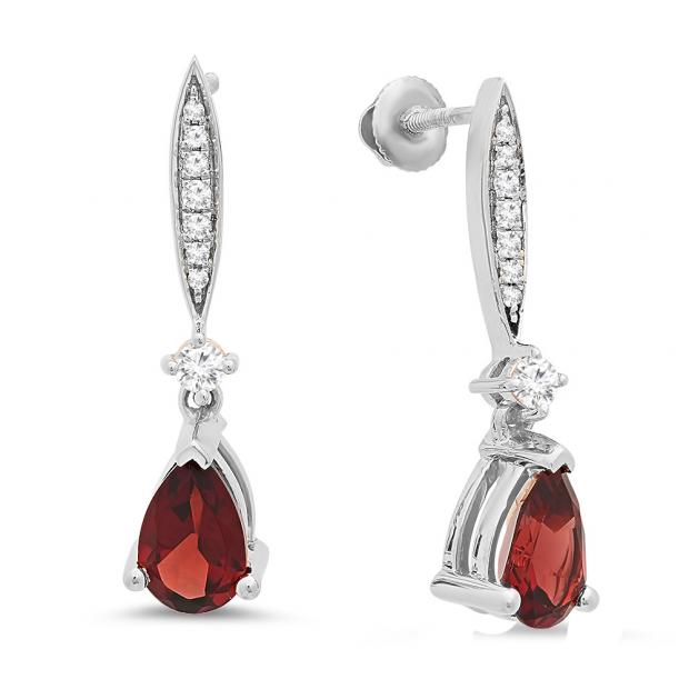 2.30 Carat (ctw) 18K White Gold Pear Cut Garnet & Round Cut White Diamond Ladies Dangling Drop Earrings
