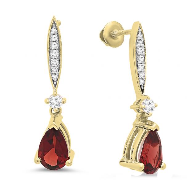 2.30 Carat (ctw) 18K Yellow Gold Pear Cut Garnet & Round Cut White Diamond Ladies Dangling Drop Earrings