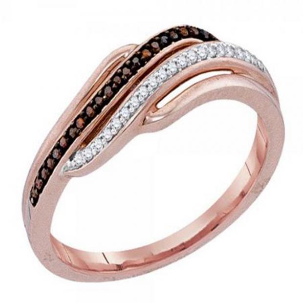 0.10 Carat (ctw) 10K Rose Gold Round Champagne & White Diamond Ladies Cocktail Right Hand Ring 1/10 CT