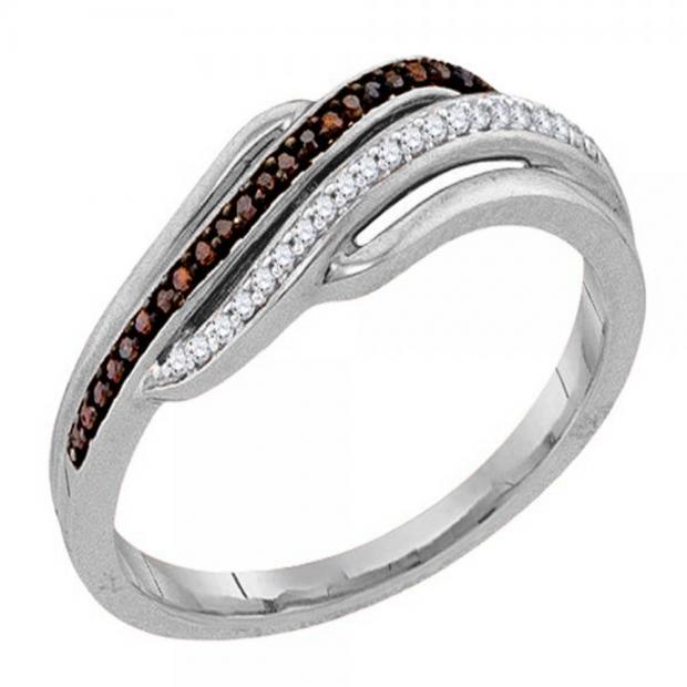 0.10 Carat (ctw) 10K White Gold Round Champagne & White Diamond Ladies Cocktail Right Hand Ring 1/10 CT