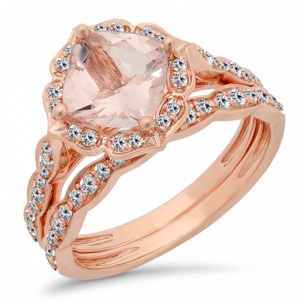 2.10 Carat (ctw) 10K Rose Gold Cushion Cut Morganite & Round Cut White Diamond Ladies Bridal Vintage Style Engagement Ring With Matching Band Set