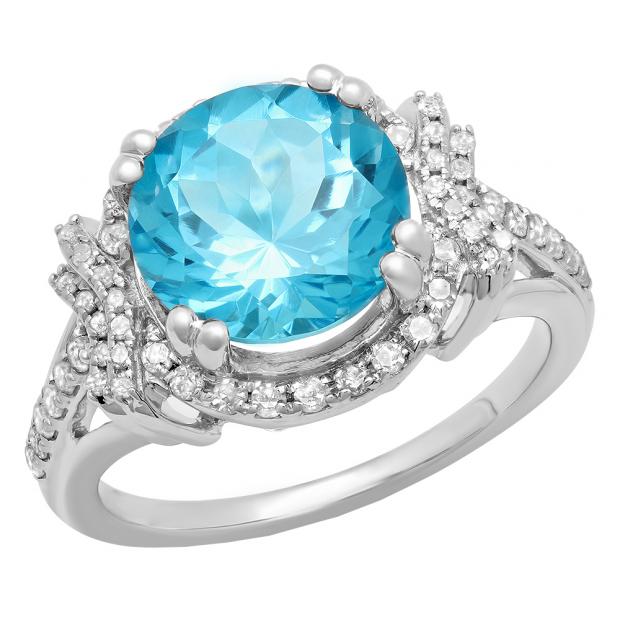 Sterling Silver 10 mm Round Blue Topaz & White Diamond Ladies Halo Style Bridal Engagement Ring