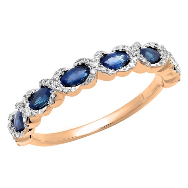 0.90 Carat (ctw) 10K Rose Gold Marquise Cut Blue Sapphire & Round Cut White Diamond Ladies Vintage Style Swirl Stackable Anniversary Wedding Band