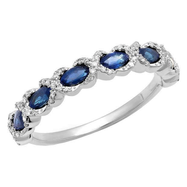 0.90 Carat (ctw) 14K White Gold Marquise Cut Blue Sapphire & Round Cut White Diamond Ladies Vintage Style Swirl Stackable Anniversary Wedding Band