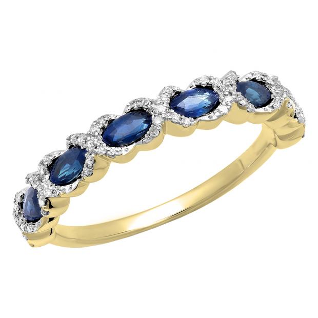 0.90 Carat (ctw) 14K Yellow Gold Marquise Cut Blue Sapphire & Round Cut White Diamond Ladies Vintage Style Swirl Stackable Anniversary Wedding Band