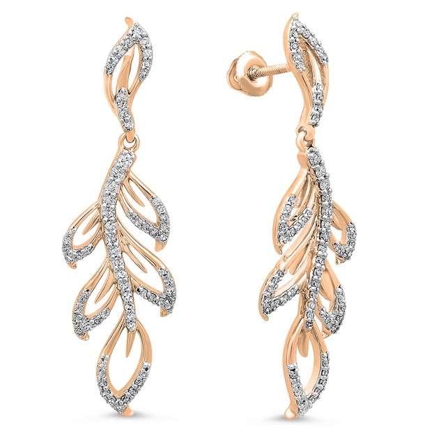 0.60 Carat (ctw) 14K Rose Gold Round Cut White Diamond Ladies leaf drop shaped Earrings