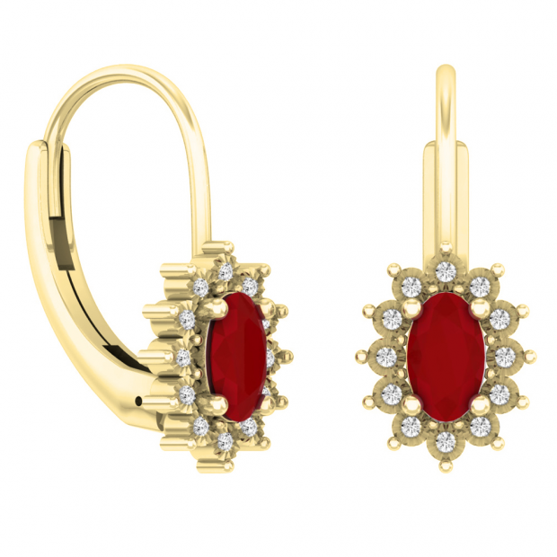 0.60 Carat (ctw) 18K Yellow Gold Oval Cut Ruby & Round Cut White Diamond Ladies Flower Shape Cluster Fashion Dangling Drop Earrings