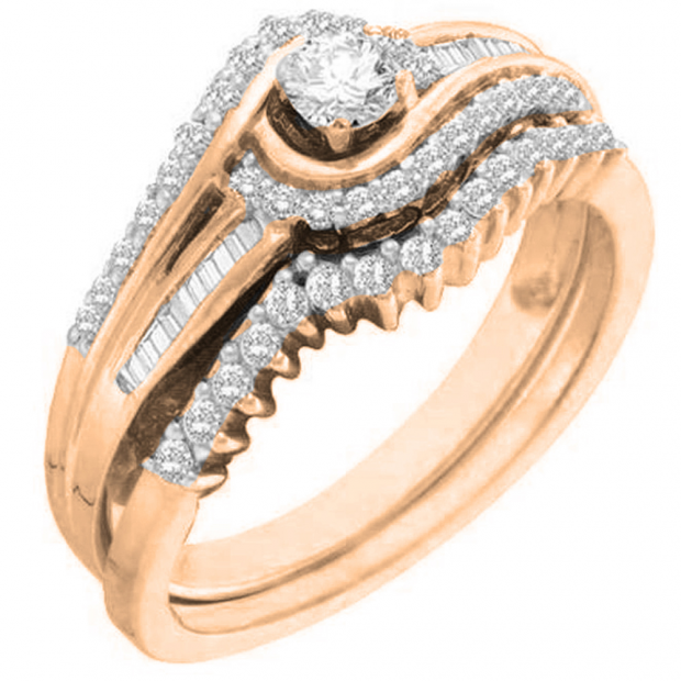 0.40 Carat (ctw) 10K Rose Gold Round & Baguette Cut White Diamond Ladies Swirl Engagement Ring With Matching Band Set