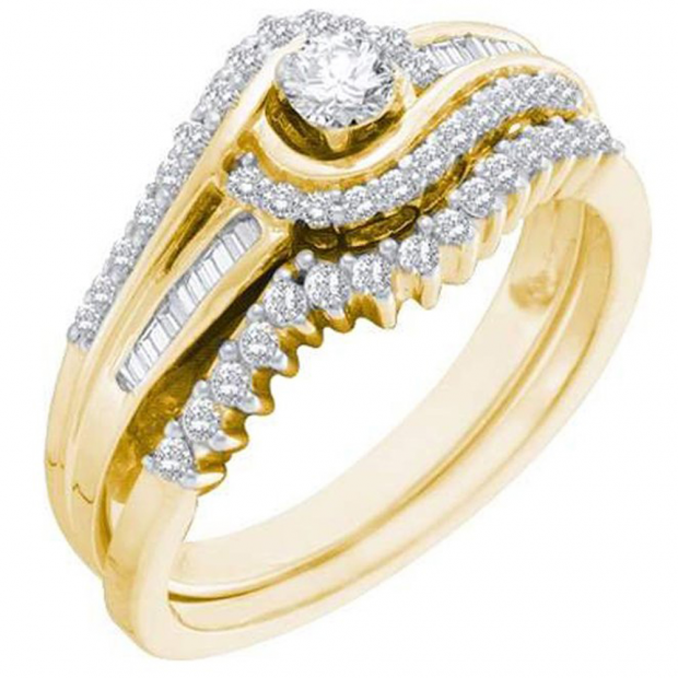 0.40 Carat (ctw) 10K Yellow Gold Round & Baguette Cut White Diamond Ladies Swirl Engagement Ring With Matching Band Set