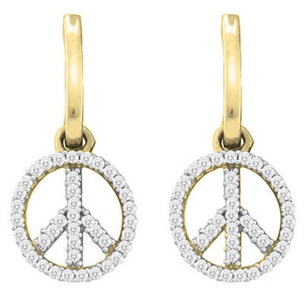 0.30 Carat (ctw) 10K Yellow Gold Round White Diamond Ladies Micro Pave Peace Sign Drop Earrings 1/3 CT