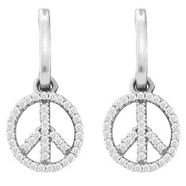 0.30 Carat (ctw) 14K White Gold Round White Diamond Ladies Micro Pave Peace Sign Drop Earrings 1/3 CT