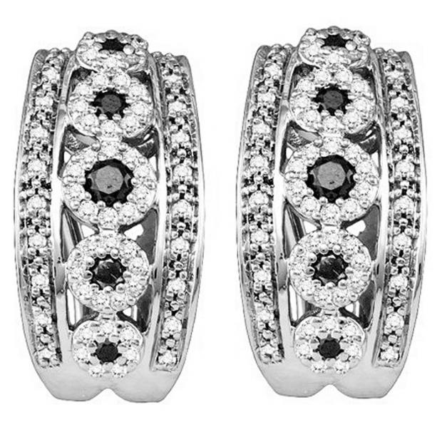 0.85 Carat (ctw) 10K White Gold Round White & Black Diamond Ladies Fashion Hoop Earrings