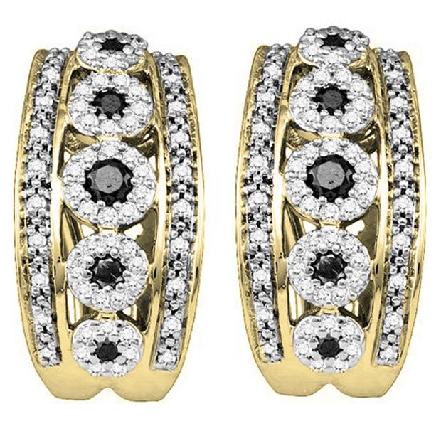 0.85 Carat (ctw) 10K Yellow Gold Round White & Black Diamond Ladies Fashion Hoop Earrings