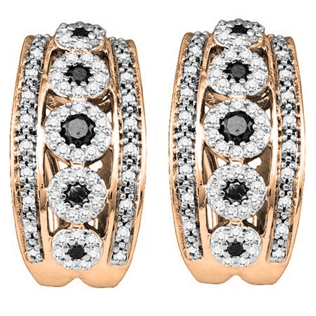 0.85 Carat (ctw) 18K Rose Gold Round White & Black Diamond Ladies Fashion Hoop Earrings