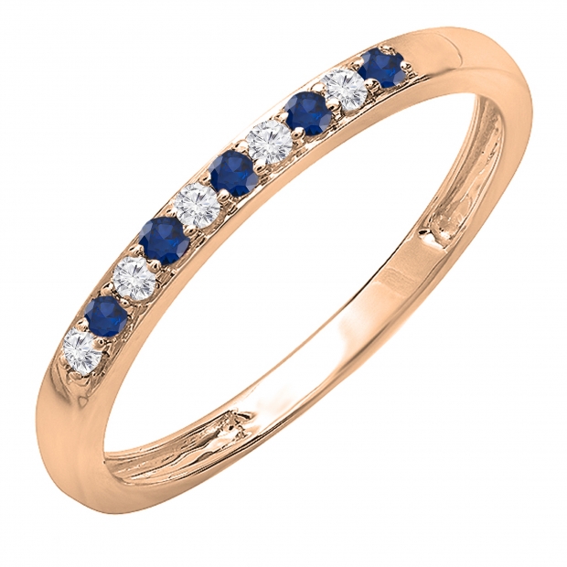 Round Blue Sapphire & White Diamond Alternate Stone Wedding Band for Women (0.06 ctw, Color I-J, Clarity I2-I3) in 10K Rose Gold