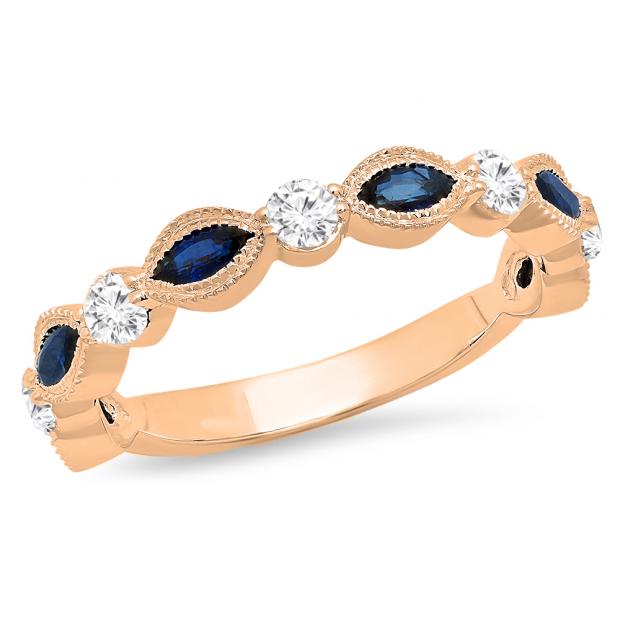 1.05 Carat (ctw) 10K Rose Gold Marquise Blue Sapphire And Round White Diamond Ladies Vintage Style Anniversary Wedding Band 1 CT