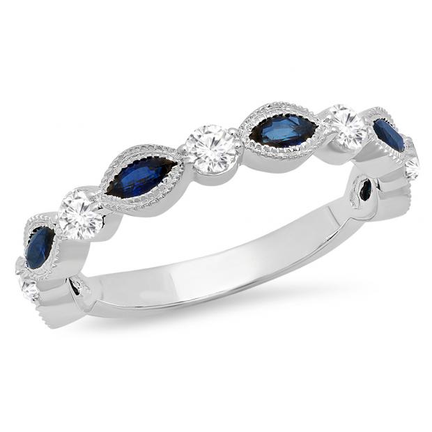 1.05 Carat (ctw) 14K White Gold Marquise Blue Sapphire And Round White Diamond Ladies Vintage Style Anniversary Wedding Band 1 CT