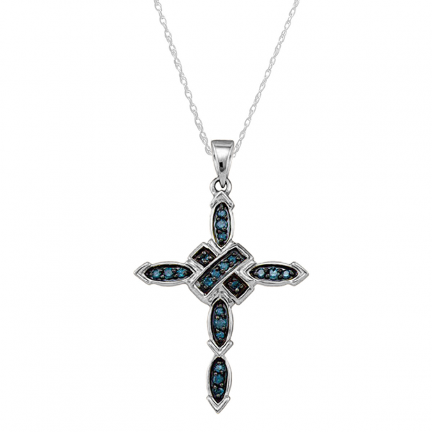 0.25 Carat (ctw) 14K White Gold Round Blue Diamond Ladies Micro Pave Religious Cross Pendant 1/4 CT (Chain Not Included)