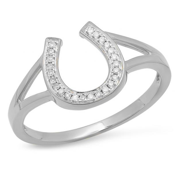0.10 Carat (ctw) 10K White Gold Round White Diamond Right Hand Horse Shoe Ring 1/10 CT