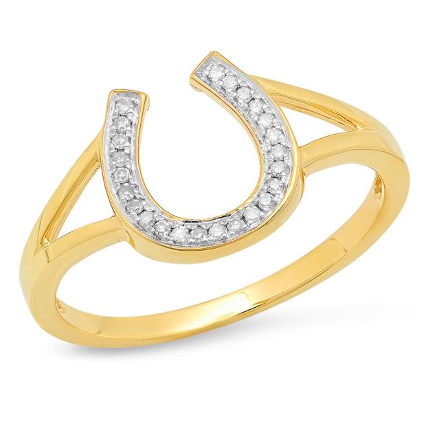 0.10 Carat (ctw) 18K Yellow Gold Round White Diamond Right Hand Horse Shoe Ring 1/10 CT