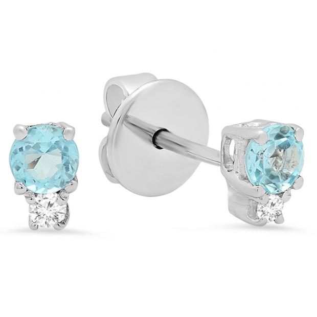 0.26 Carat (ctw) 10K White Gold Round Cut Blue Topaz & White Diamond Ladies Stud Earrings