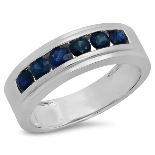 1.10 Carat (ctw) 10K White Gold Round Cut Blue Sapphire Men