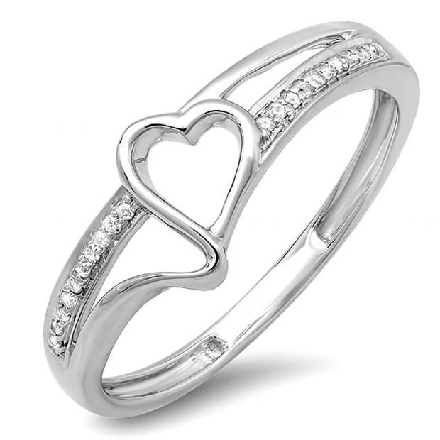 0.08 Carat (ctw) 10K White Gold Round White Diamond Ladies Promise Heart Love Engagement Ring