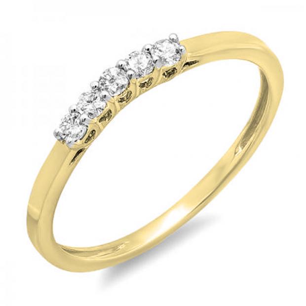 0.15 Carat (ctw) 14K Yellow Gold Round White Diamond Ladies 5 Stone Anniversary Wedding Band Ring