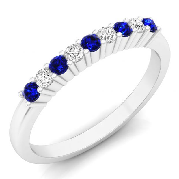 0.25 Carat (ctw) 10K White Gold Round White Diamond & Blue Sapphire Ladies Anniversary Stackable Wedding Band 1/4 CT
