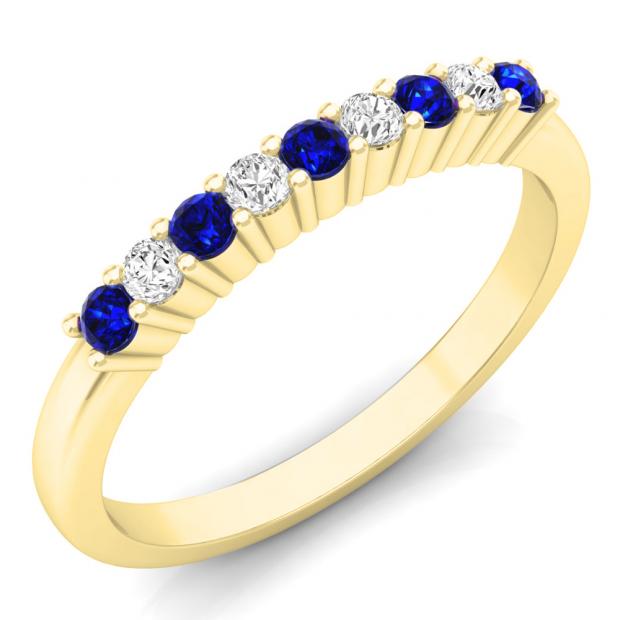 0.25 Carat (ctw) 10K Yellow Gold Round White Diamond & Blue Sapphire Ladies Anniversary Stackable Wedding Band 1/4 CT