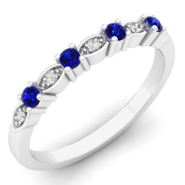 0.30 Carat (ctw) 10K White Gold Round Blue Sapphire & White Diamond Ladies Bridal Stackable Anniversary Wedding Band Swirl Ring