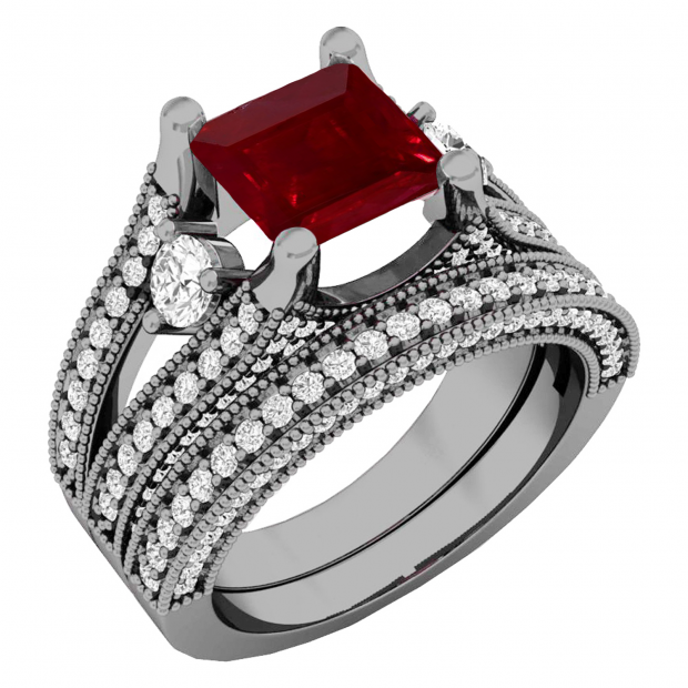 3.60 Carat (Ctw) Black Rhodium Plated Sterling Silver Princess Cut Ruby & Round White Diamond Ladies Split Shank Bridal Engagement Ring With Matching Band Set