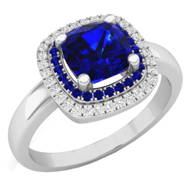 1.40 Carat (Ctw) 10K White Gold Round & Cushion Cut Blue Sapphire & Round Cut White Diamond Ladies Halo Style Bridal Engagement Ring