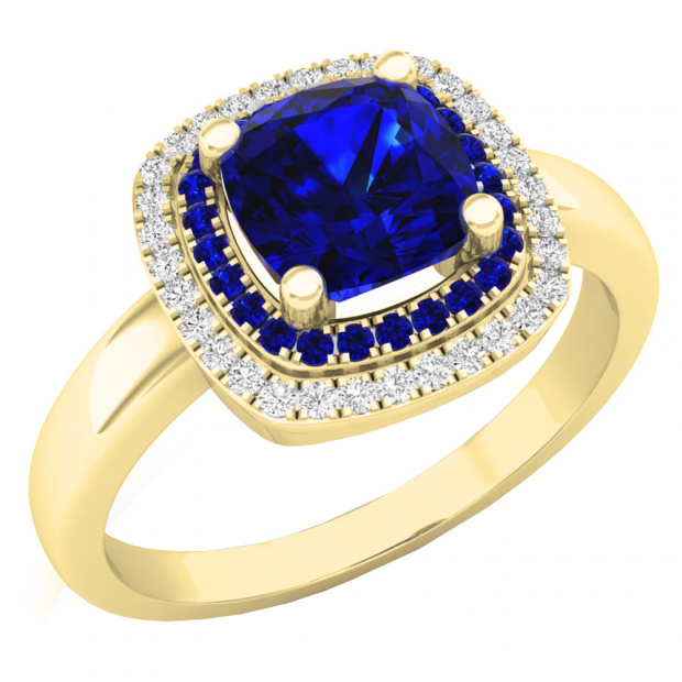 1.40 Carat (Ctw) 10K Yellow Gold Round & Cushion Cut Blue Sapphire & Round Cut White Diamond Ladies Halo Style Bridal Engagement Ring
